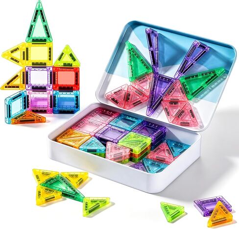 Mini Magnetic Tiles 62 PCS, Portable Magnetic Building Blocks, Toddler Travel Toys with Case, Trip Essentials Set, Montessori STEM Educational Magnet Toy for Kids Ages 3 4 5+ Boys Girls in Kuwait