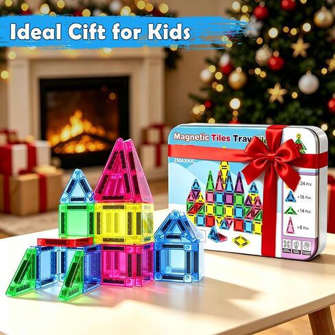 Mini Magnetic Tiles 62 PCS, Portable Magnetic Building Blocks, Toddler Travel Toys with Case, Trip Essentials Set, Montessori STEM Educational Magnet Toy for Kids Ages 3 4 5+ Boys Girls in Kuwait