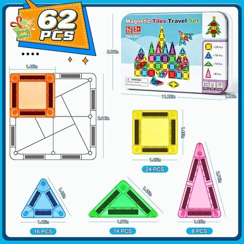 Mini Magnetic Tiles 62 PCS, Portable Magnetic Building Blocks, Toddler Travel Toys with Case, Trip Essentials Set, Montessori STEM Educational Magnet Toy for Kids Ages 3 4 5+ Boys Girls in Kuwait