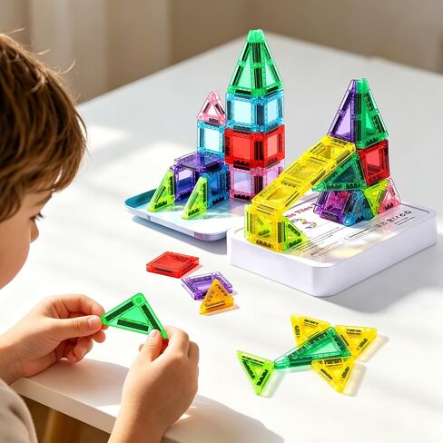Mini Magnetic Tiles 62 PCS, Portable Magnetic Building Blocks, Toddler Travel Toys with Case, Trip Essentials Set, Montessori STEM Educational Magnet Toy for Kids Ages 3 4 5+ Boys Girls in Kuwait