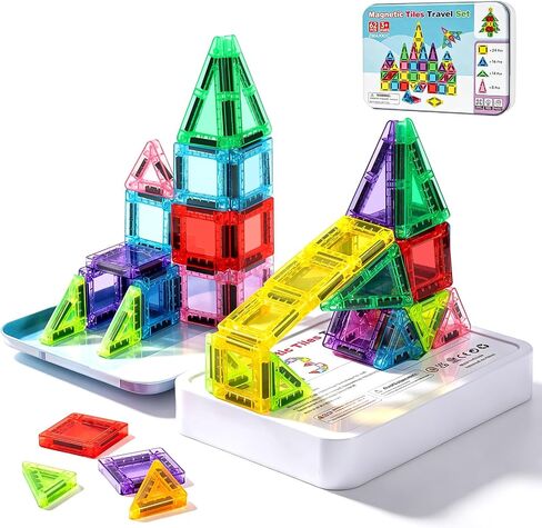 Mini Magnetic Tiles 62 PCS, Portable Magnetic Building Blocks, Toddler Travel Toys with Case, Trip Essentials Set, Montessori STEM Educational Magnet Toy for Kids Ages 3 4 5+ Boys Girls in Kuwait