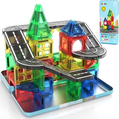 ORZbb Mini Magnetic Tiles Road with Case Toddler Travel Toys Trip Essentials Set, Magnetic Building Blocks Toys for 3 4 5+ Year Old Boys Girls Montessori Sensory Learning Easter Birthday Gifts in Kuwait