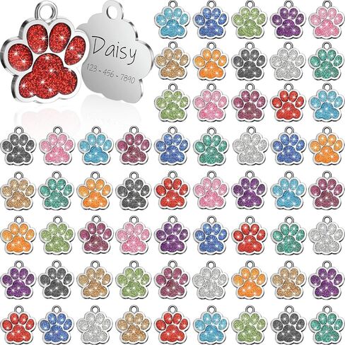Abbylike 60 Pcs Personalized Paw Print Pet Tag for Dogs and Cats, Blank Pet ID Tags Custom Glitter Paw for Cute Metal Cat Name Small DIY Engraved Puppy Name in Kuwait