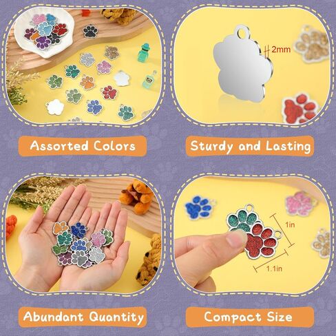 Abbylike 60 Pcs Personalized Paw Print Pet Tag for Dogs and Cats, Blank Pet ID Tags Custom Glitter Paw for Cute Metal Cat Name Small DIY Engraved Puppy Name in Kuwait