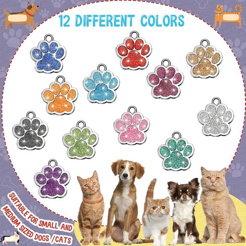 Abbylike 60 Pcs Personalized Paw Print Pet Tag for Dogs and Cats, Blank Pet ID Tags Custom Glitter Paw for Cute Metal Cat Name Small DIY Engraved Puppy Name in Kuwait