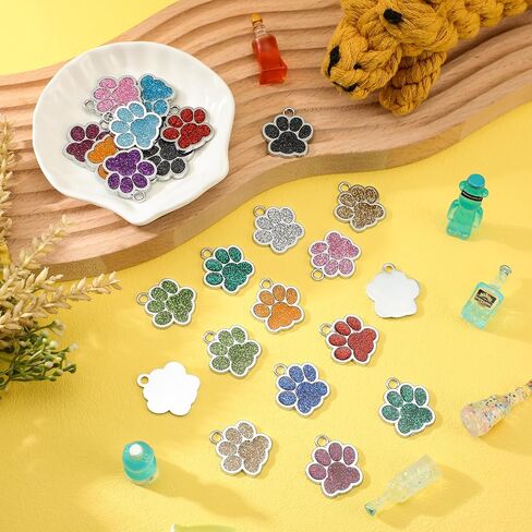 Abbylike 60 Pcs Personalized Paw Print Pet Tag for Dogs and Cats, Blank Pet ID Tags Custom Glitter Paw for Cute Metal Cat Name Small DIY Engraved Puppy Name in Kuwait