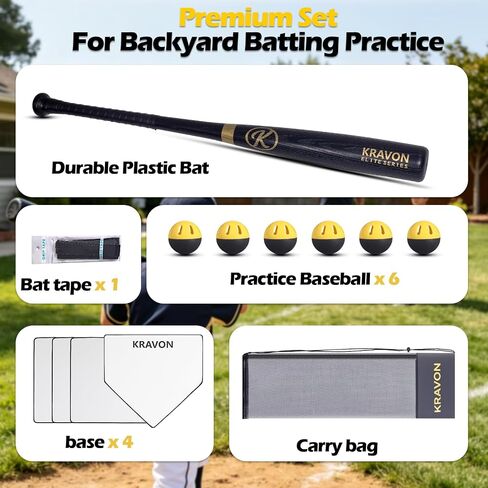 Kravon Grand Slam Baseball Bat Set, Includes 1 Plastic Bat, 6 Perforated Balls, 4 Throw Down Bases and 1 Hand Glue for Teenagers(13 Years Old and Above) and Adult in Kuwait