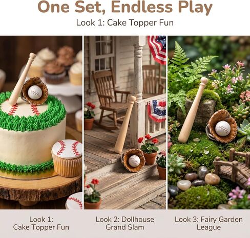 Toyvian Miniature Baseball Bat: Baseball Cake Topper, Light Brown Mini Dollhouse Glove and Ball Set Decorations - Wooden & Leather Cake Topper for Kids Mini House Party Favors(2.95X0.39X0.39in) in Saudi Arabia