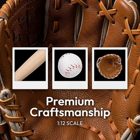 Toyvian Miniature Baseball Bat: Baseball Cake Topper, Light Brown Mini Dollhouse Glove and Ball Set Decorations - Wooden & Leather Cake Topper for Kids Mini House Party Favors(2.95X0.39X0.39in) in Saudi Arabia