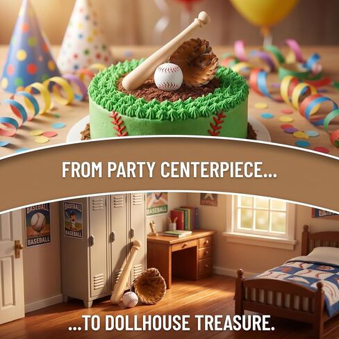Toyvian Miniature Baseball Bat: Baseball Cake Topper, Light Brown Mini Dollhouse Glove and Ball Set Decorations - Wooden & Leather Cake Topper for Kids Mini House Party Favors(2.95X0.39X0.39in) in Saudi Arabia