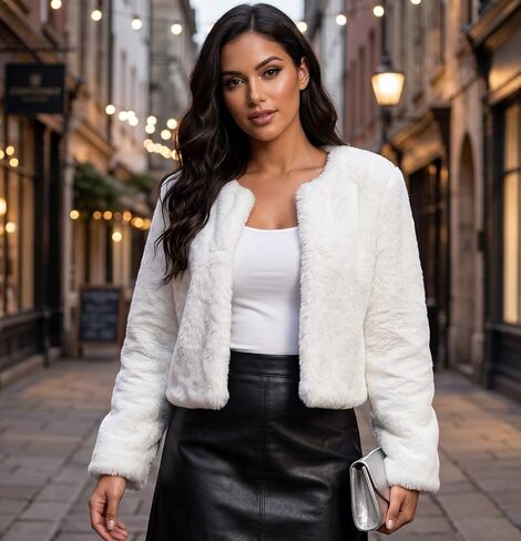 JEWEKY Faux Fur Coat Long Sleeve Shaggy Jacket Cropped Fluffy Coat Winter Warm Outwear Fur Jacket for Women in Kuwait