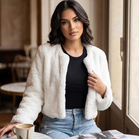 JEWEKY Faux Fur Coat Long Sleeve Shaggy Jacket Cropped Fluffy Coat Winter Warm Outwear Fur Jacket for Women in Kuwait