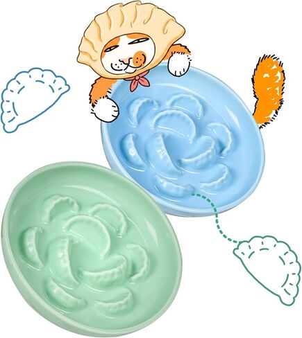 2 Pcs Ceramic Cat Slow Feeder Bowl Set, Dumpling Shape Cat Food Plates, 6.2" W Wide Shallow Whisker Friendly Slow Feeding Cat Bowls for Dry Food, Wet Food & Treats, Dishwasher Safe（Green + Blue） in Kuwait