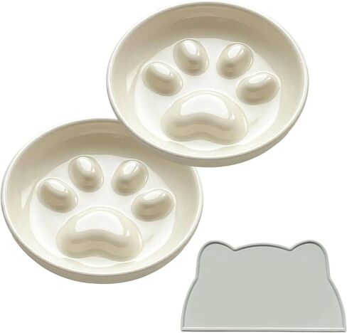 2 Pack Ceramic Slow Feeder Cat Bowls with Mat, Anti-Vomit in Kuwait