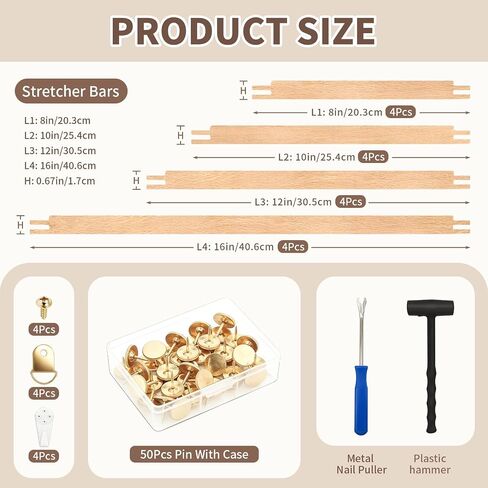 16PCS Stretcher Bars Kit for Needlepoint Solid Wood 8 10 12 16 Inch Canvas Stretching Bars with Tacks Puller Mallet Hangers Screws for Embroidery Tapestry Stitch Craft Framing in Kuwait