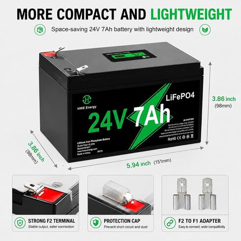 HWE 24V 7Ah LiFePo4 Battery for Ride on Toy Car UTV, UPS, RV Power Supply in Kuwait