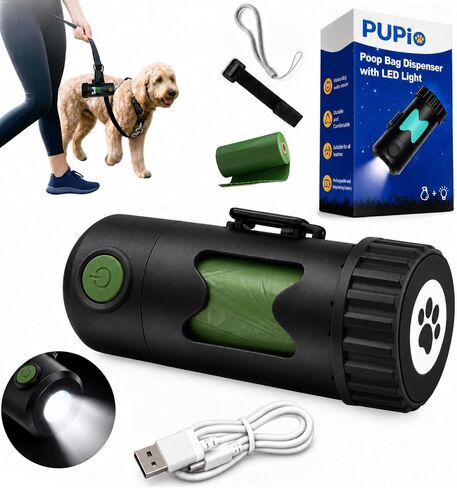 Smart 2-in-1 Poop Bag Holder Flashlight, USB-C Rechargeable, Includes 15 Compostable Poop Bags, Charging Cable, and Secure Attachments in Kuwait