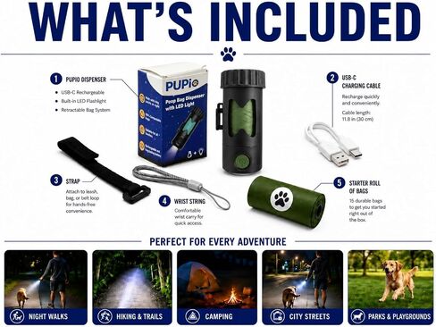 Smart 2-in-1 Poop Bag Holder Flashlight, USB-C Rechargeable, Includes 15 Compostable Poop Bags, Charging Cable, and Secure Attachments in Kuwait
