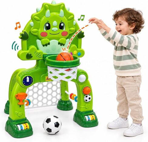 Adjustable Toddler Basketball Hoop & Soccer Goal, Dinosaur Sports Toy for Kids, Baby Toys For 0-18 Months, Birthday Gifts for 1 2 3 Year Old Boys and Girls, Activity Center with Lights and Music in Kuwait