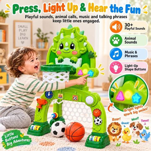 Adjustable Toddler Basketball Hoop & Soccer Goal, Dinosaur Sports Toy for Kids, Baby Toys For 0-18 Months, Birthday Gifts for 1 2 3 Year Old Boys and Girls, Activity Center with Lights and Music in Kuwait