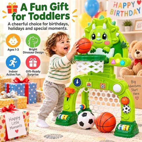 Adjustable Toddler Basketball Hoop & Soccer Goal, Dinosaur Sports Toy for Kids, Baby Toys For 0-18 Months, Birthday Gifts for 1 2 3 Year Old Boys and Girls, Activity Center with Lights and Music in Kuwait
