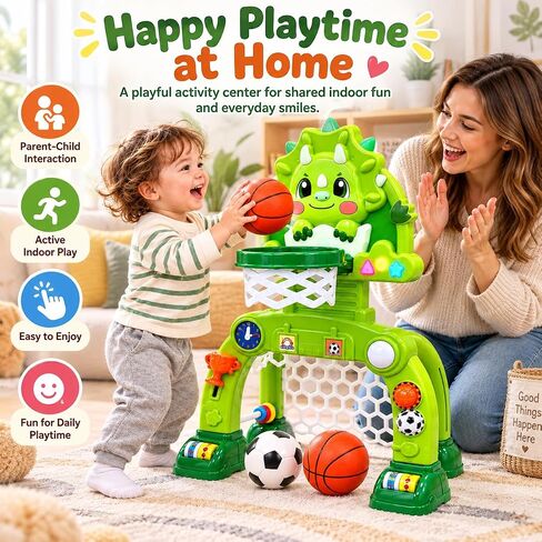 Adjustable Toddler Basketball Hoop & Soccer Goal, Dinosaur Sports Toy for Kids, Baby Toys For 0-18 Months, Birthday Gifts for 1 2 3 Year Old Boys and Girls, Activity Center with Lights and Music in Kuwait