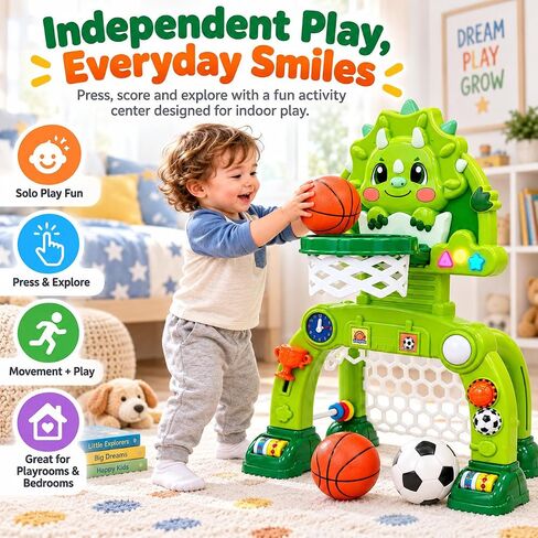Adjustable Toddler Basketball Hoop & Soccer Goal, Dinosaur Sports Toy for Kids, Baby Toys For 0-18 Months, Birthday Gifts for 1 2 3 Year Old Boys and Girls, Activity Center with Lights and Music in Kuwait