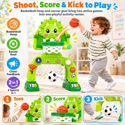 Adjustable Toddler Basketball Hoop & Soccer Goal, Dinosaur Sports Toy for Kids, Baby Toys For 0-18 Months, Birthday Gifts for 1 2 3 Year Old Boys and Girls, Activity Center with Lights and Music in Kuwait