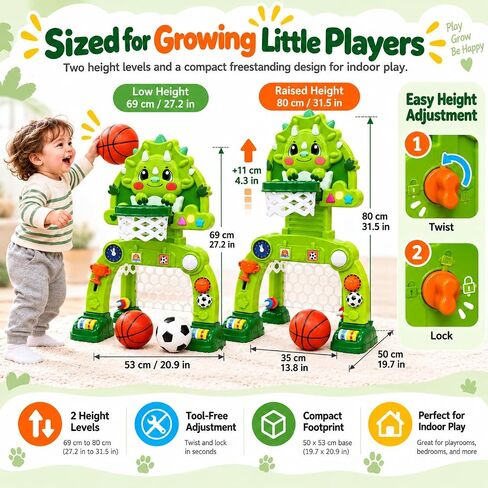 Adjustable Toddler Basketball Hoop & Soccer Goal, Dinosaur Sports Toy for Kids, Baby Toys For 0-18 Months, Birthday Gifts for 1 2 3 Year Old Boys and Girls, Activity Center with Lights and Music in Kuwait