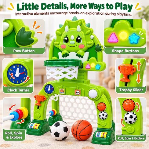 Adjustable Toddler Basketball Hoop & Soccer Goal, Dinosaur Sports Toy for Kids, Baby Toys For 0-18 Months, Birthday Gifts for 1 2 3 Year Old Boys and Girls, Activity Center with Lights and Music in Kuwait