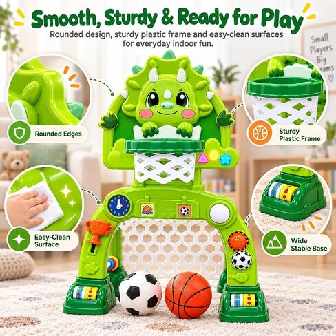 Adjustable Toddler Basketball Hoop & Soccer Goal, Dinosaur Sports Toy for Kids, Baby Toys For 0-18 Months, Birthday Gifts for 1 2 3 Year Old Boys and Girls, Activity Center with Lights and Music in Kuwait