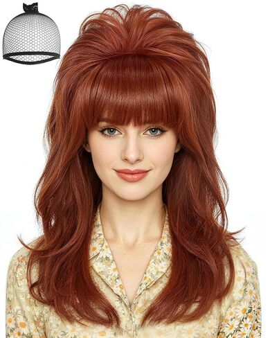 ANOGOL Hair Cap+5 Pcs Auburn Beehive Wig with Pearl Necklace Earrings Bracelet 50s 60s 1950s 1960s Wigs for Women Red Housewife Wig Fembot Wigs for Cosplay Costume Halloween Party in Kuwait