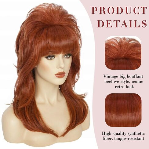 ANOGOL Hair Cap+5 Pcs Auburn Beehive Wig with Pearl Necklace Earrings Bracelet 50s 60s 1950s 1960s Wigs for Women Red Housewife Wig Fembot Wigs for Cosplay Costume Halloween Party in Kuwait