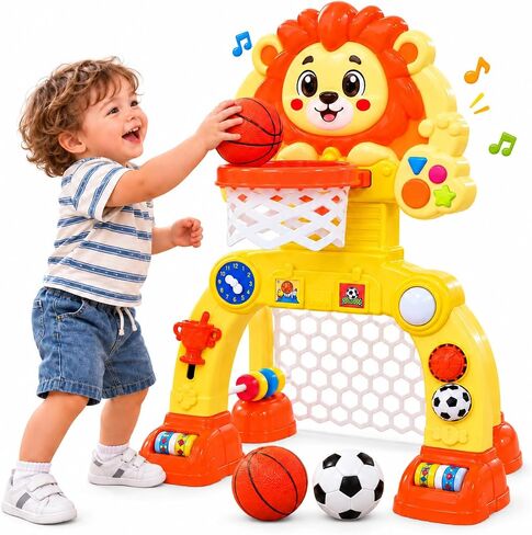 Adjustable Lion Basketball Hoop & Soccer Goal Activity Center, Birthday Gifts for 1 2 3 Years Old Boys and Girls, Baby Toys for 12-18 Months, Toddler Toy for Kids with Lights & Music in Kuwait