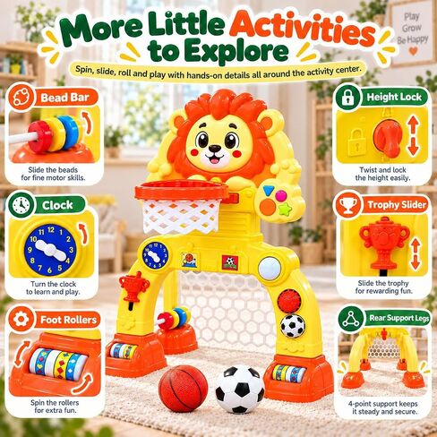 Adjustable Lion Basketball Hoop & Soccer Goal Activity Center, Birthday Gifts for 1 2 3 Years Old Boys and Girls, Baby Toys for 12-18 Months, Toddler Toy for Kids with Lights & Music in Kuwait