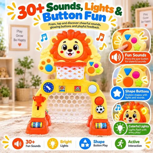Adjustable Lion Basketball Hoop & Soccer Goal Activity Center, Birthday Gifts for 1 2 3 Years Old Boys and Girls, Baby Toys for 12-18 Months, Toddler Toy for Kids with Lights & Music in Kuwait