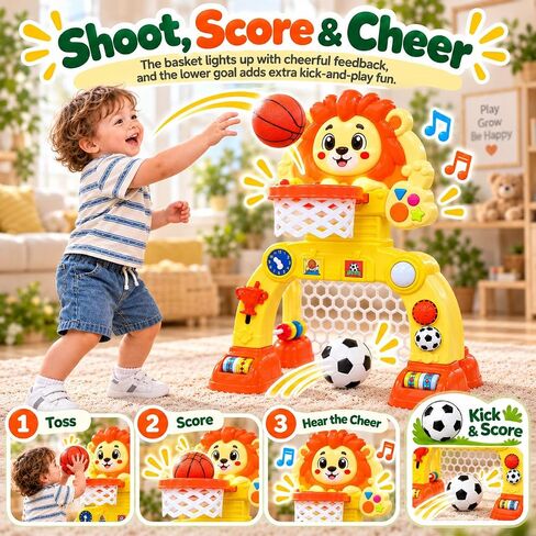 Adjustable Lion Basketball Hoop & Soccer Goal Activity Center, Birthday Gifts for 1 2 3 Years Old Boys and Girls, Baby Toys for 12-18 Months, Toddler Toy for Kids with Lights & Music in Kuwait