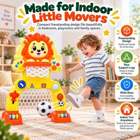Adjustable Lion Basketball Hoop & Soccer Goal Activity Center, Birthday Gifts for 1 2 3 Years Old Boys and Girls, Baby Toys for 12-18 Months, Toddler Toy for Kids with Lights & Music in Kuwait