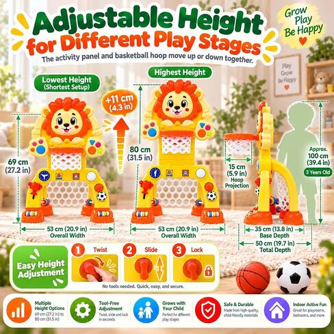 Adjustable Lion Basketball Hoop & Soccer Goal Activity Center, Birthday Gifts for 1 2 3 Years Old Boys and Girls, Baby Toys for 12-18 Months, Toddler Toy for Kids with Lights & Music in Kuwait