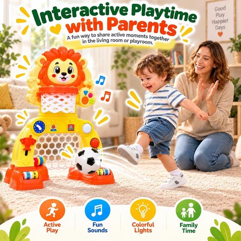 Adjustable Lion Basketball Hoop & Soccer Goal Activity Center, Birthday Gifts for 1 2 3 Years Old Boys and Girls, Baby Toys for 12-18 Months, Toddler Toy for Kids with Lights & Music in Kuwait