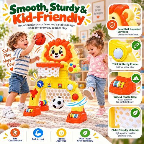 Adjustable Lion Basketball Hoop & Soccer Goal Activity Center, Birthday Gifts for 1 2 3 Years Old Boys and Girls, Baby Toys for 12-18 Months, Toddler Toy for Kids with Lights & Music in Kuwait