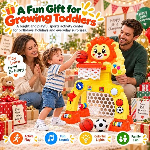 Adjustable Lion Basketball Hoop & Soccer Goal Activity Center, Birthday Gifts for 1 2 3 Years Old Boys and Girls, Baby Toys for 12-18 Months, Toddler Toy for Kids with Lights & Music in Kuwait