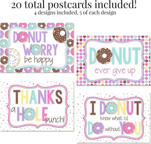 Donut Themed Positive Thinking Blank Postcards To Send To Friends & Family, Total of 20 4"x6" Fill In Notecards (5 of each design) by AmandaCreation in Kuwait
