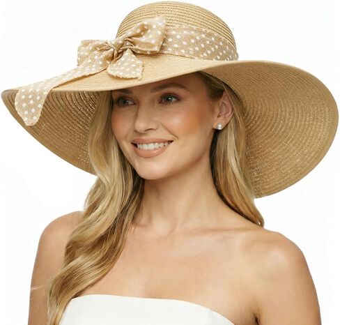 DRESHOW Wide Brim Sun Hat for Women Floppy Straw Hat Summer Beach Hat Fashionable Trendy Hat Sun Protection UPF 50+ in Kuwait