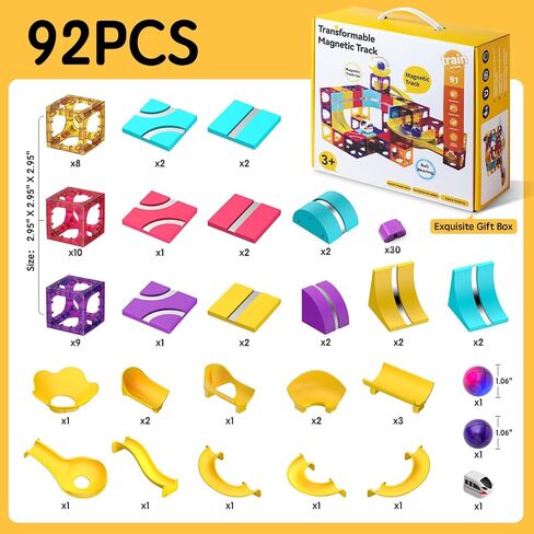 3-in-1 Magnetic Building Block Set 92PC, Magnetic Tiles, Ball Run, and Race Train Track – STEM Educational Toy for Kids Aged 3+ in Kuwait