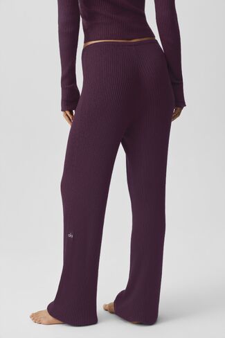 Alo Yoga Sweater Knit Mid-Rise Unwind Wide Leg Pant - Rich Bordeaux in Kuwait