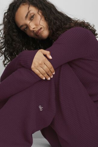 Alo Yoga Sweater Knit Mid-Rise Unwind Wide Leg Pant - Rich Bordeaux in Kuwait