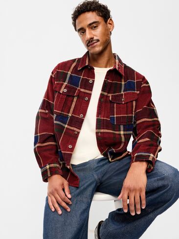Old Navy Loose Fit Long-Sleeve Corduroy Shirt - Red Plaid in Kuwait
