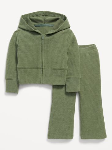 Old Navy Cozy Ribbed Hoodie and Flared Pants Set for Toddler Girls - Olive Through This in Kuwait