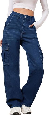 LONGYIDA Women's High Waisted Cargo Jeans Straight Wide Leg Stretch Baggy Jeans Y2K Casual Loose Denim Cargo Pants Trousers in Kuwait